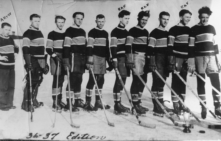 Frank Dunkin, Sid Holthe, KC (Jim) Miller, Steve Andrisak, Floyd Cromwell, Jim Caskey, Sam Soldan, George Miller, George Johnson, James Miller This team played in 1938 Provincial Finals in Edmonton on artificial ice.